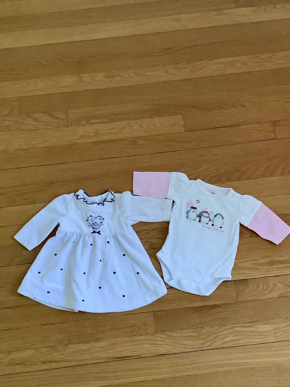 Little Me White Dress with Navy Hearts + White Bodysuit with Pink Sleeves